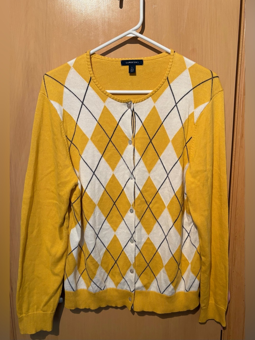 Lands End 100% Supima Cotton Cardigan Sweater Argyle Diamond Yellow Blue White L
